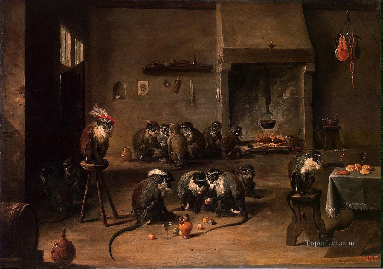 Singes David II Teniers dans la cuisine Peintures à l'huile